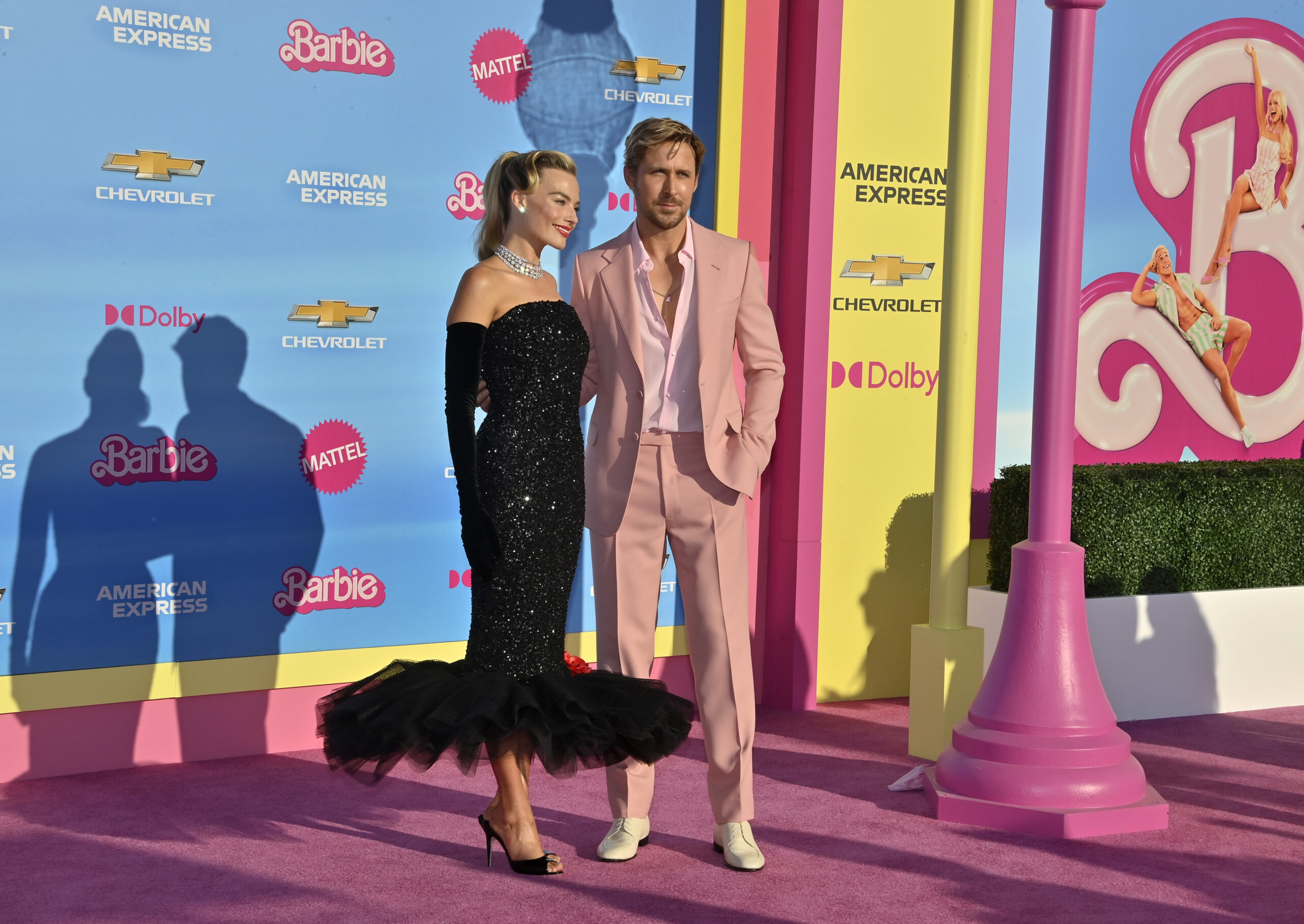 Cast members Margot Robbie (L) and Ryan Gosling attend the premiere of the motion picture romantic comedy "Barbie" at the Shrine Auditorium on Sunday, July 9, 2023. Storyline: Barbie suffers a crisis that leads her to question her world and her existence.