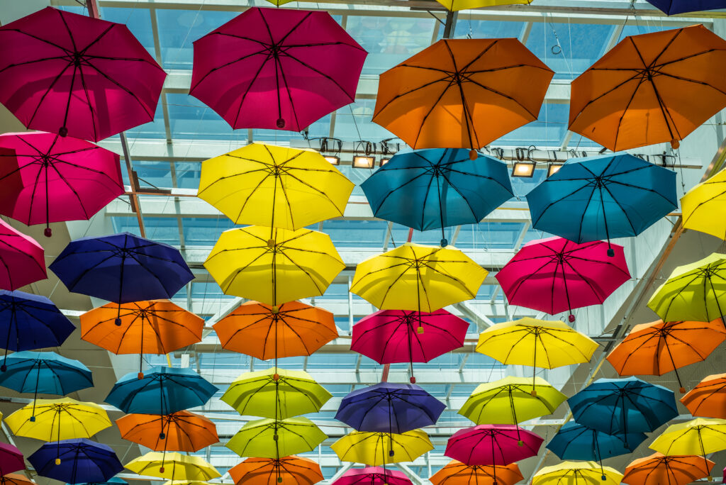 Display of colorful umbrellas