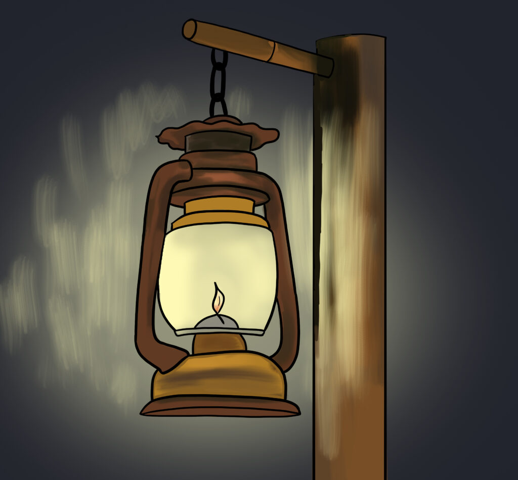 Old lighting kerosene lamp mounted on a wooden pole, illustrated on a dark background. burning gas lamp, lighting