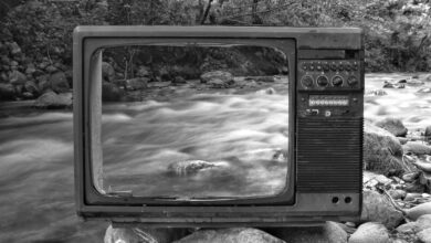 Retro tv on river shore near forest