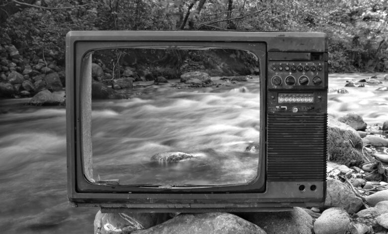 Retro tv on river shore near forest